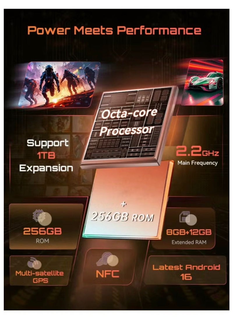 Cubot Kinkong ACE 5 Rugged Smartphone – 6.745” HD+ Display, 8GB RAM, 256GB Storage, 48MP Camera, 10200mAh Battery, Android 16, Waterproof, Camping Ring Light-Black - Image 4